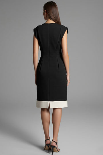 Black Ivory Patchwork V-Neck Cap Sleeves Midi Work Dress